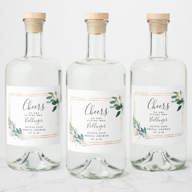 Étiquettes Pour Bouteilles De Liqueur Cadre Or Vert Eucalyptus Feuille (Bouteilles)