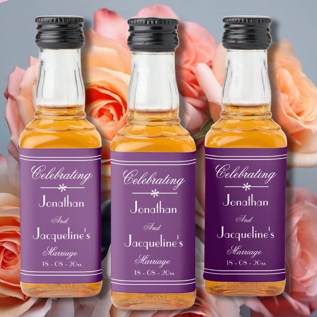 Étiquettes Pour Bouteilles De Liqueur Célébration Mariage Chic Script Purple White Mini (Celebrating Marriage - Personalized Chic Script Purple White Mini Liquor Bottle Labels)