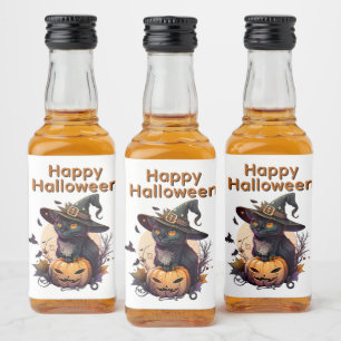 Étiquettes Pour Bouteilles De Liqueur Chat aux sorcières pour Halloween heureux