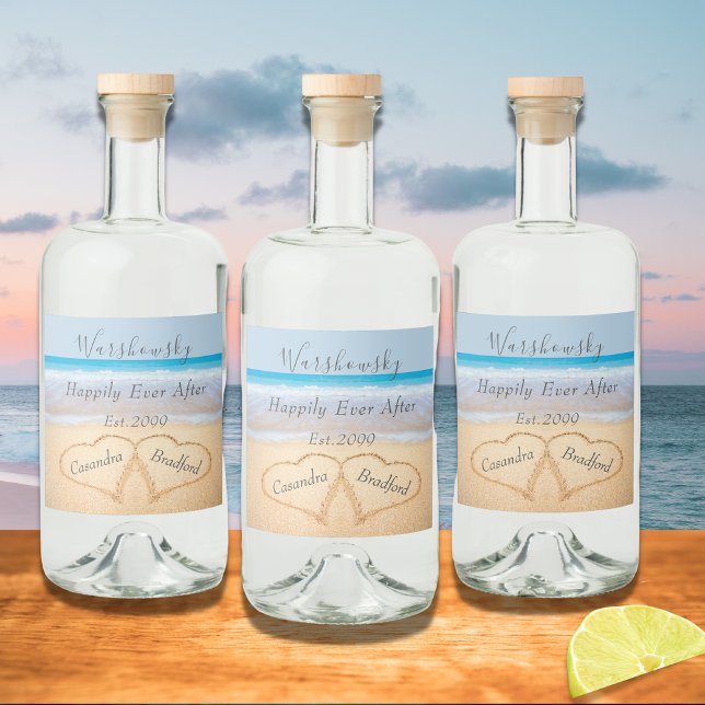 Étiquettes Pour Bouteilles De Liqueur Chic Dusty Blue Beach Wedding 2 Heart Sand (Créateur téléchargé)