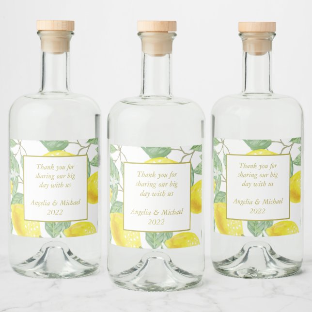 Étiquettes Pour Bouteilles De Liqueur Citrons jaunes modernes Vert Feuille Mariage (Bouteilles)