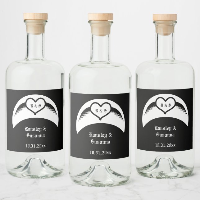 Étiquettes Pour Bouteilles De Liqueur Coeur ailé gothique Mariage Personnalisé Monogramm (Bouteilles)