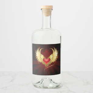 Étiquettes Pour Bouteilles De Liqueur Coeur rouge avec ailes d'or