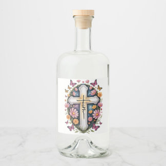 Étiquettes Pour Bouteilles De Liqueur Croix de foi florale 