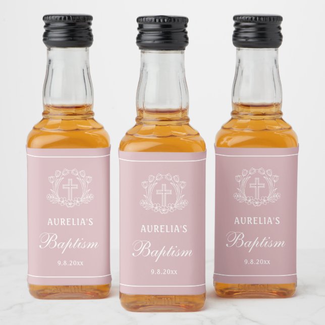 Étiquettes Pour Bouteilles De Liqueur Croix florale simple sur le baptême rose (Bouteilles)