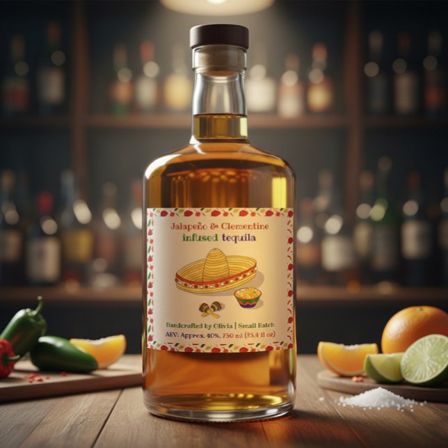 Étiquettes Pour Bouteilles De Liqueur Custom Jalapeño & Clementine Infused Tequila Label (Créateur téléchargé)