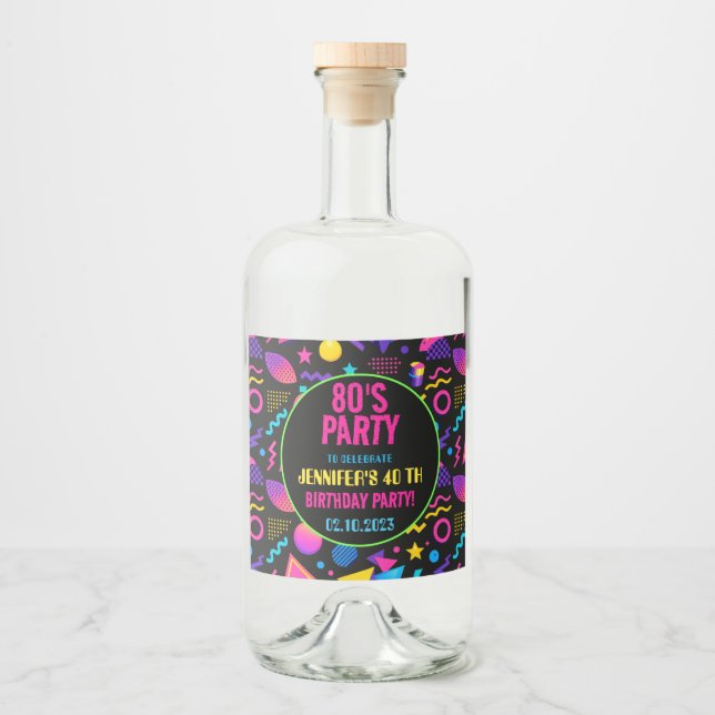 Étiquettes Pour Bouteilles De Liqueur Custom Retro Neon 80’s Birthday – Fun Adult  (Devant)