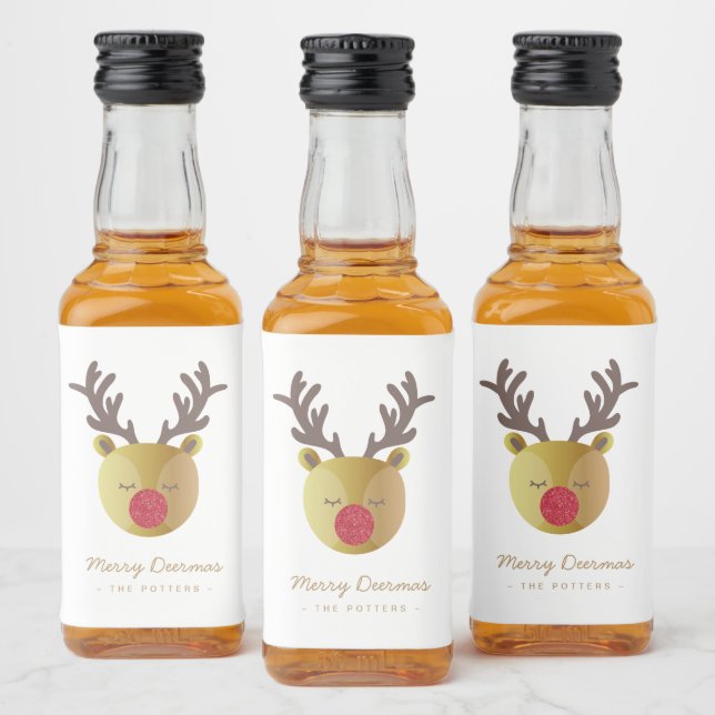 Étiquettes Pour Bouteilles De Liqueur Cute Reindeer | Fun Christmas White & Gold (Bouteilles)