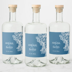 Étiquettes Pour Bouteilles De Liqueur Dentelle blanche sur Mariage bleu