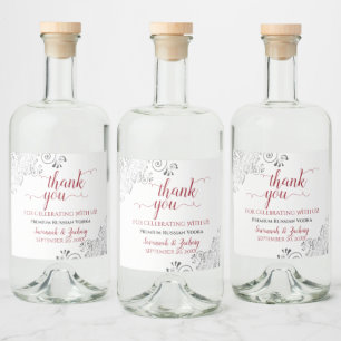 Étiquettes Pour Bouteilles De Liqueur Dentelle d'argent et Merci de Mariage blanc rouge 