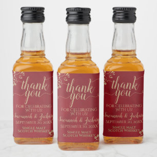 Étiquettes Pour Bouteilles De Liqueur Dentelle d'or sur Crimson Mariage rouge Merci Mini