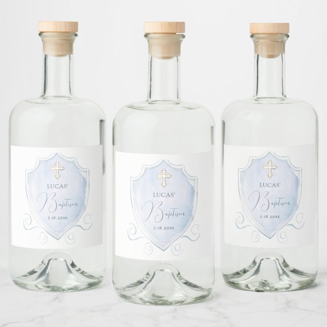 Étiquettes Pour Bouteilles De Liqueur Élégant bleu clair Aquarelle Crest Baptême (Bouteilles)