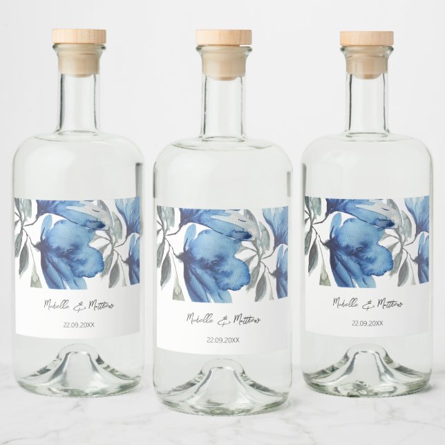 Étiquettes Pour Bouteilles De Liqueur Elégant bleu floral aquarelle personnalisée (Bouteilles)