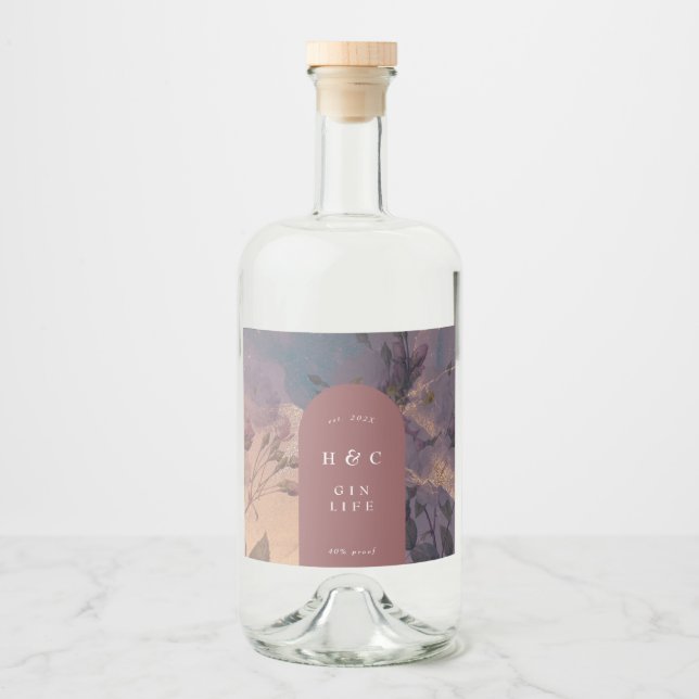 Étiquettes Pour Bouteilles De Liqueur Élégant Boho clair Floral Purple Botanique GIN (Devant)