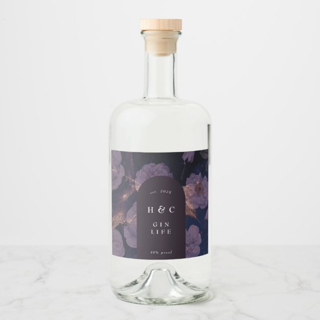 Étiquettes Pour Bouteilles De Liqueur Élégant Boho foncé Floral Purple Botanique GIN (Devant)