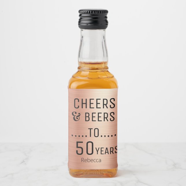 Étiquettes Pour Bouteilles De Liqueur Elégant Rose Gold Black Cheers & Beers 50 Annivers (Devant)