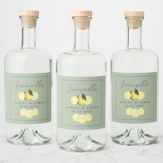 Étiquettes Pour Bouteilles De Liqueur Élégant Script Aquarelle Citron Mariage Limoncello (Bouteilles)
