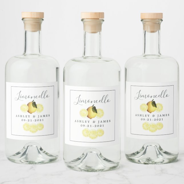 Étiquettes Pour Bouteilles De Liqueur Élégant Script Aquarelle Citron Mariage Limoncello (Bouteilles)