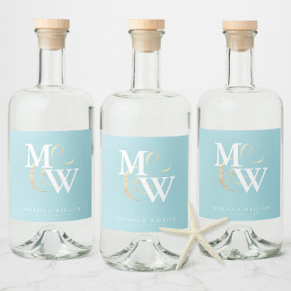 Étiquettes Pour Bouteilles De Liqueur Elégant verre de mer Turquoise Monogramme blanc Ma