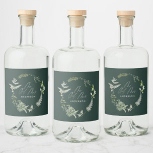Étiquettes Pour Bouteilles De Liqueur Élégant vert mariage de script botanique moderne