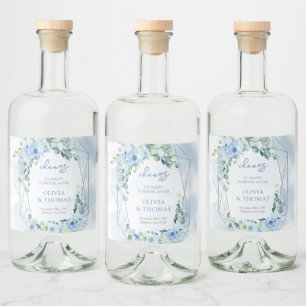 Étiquettes Pour Bouteilles De Liqueur Élégantes fleurs bleu pastel clair et eucalyptus