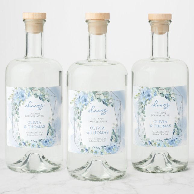 Étiquettes Pour Bouteilles De Liqueur Élégantes fleurs bleu pastel clair et eucalyptus (Bouteilles)