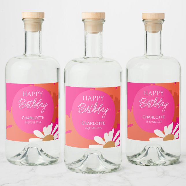 Étiquettes Pour Bouteilles De Liqueur Fête d'anniversaire à la marguerite rose et orange (Bouteilles)