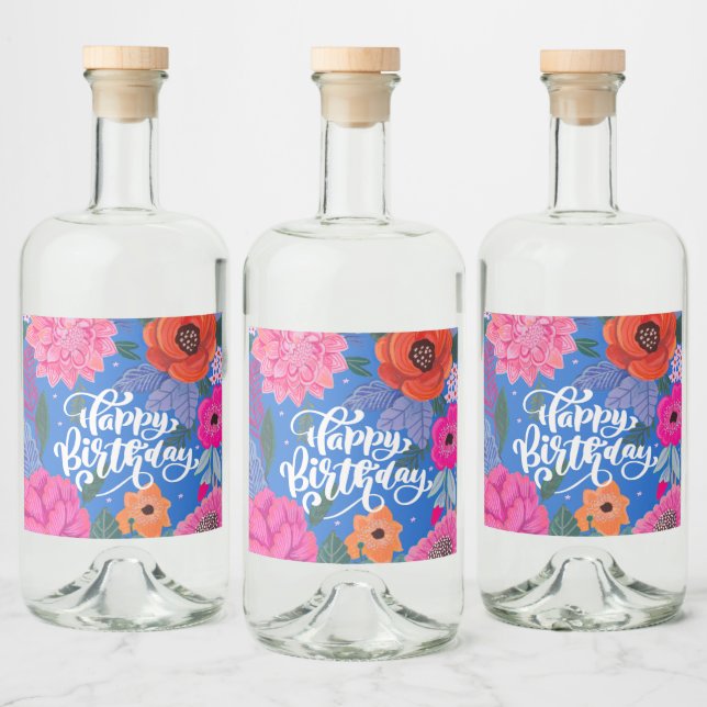 Étiquettes Pour Bouteilles De Liqueur Fête d'anniversaire Bleu Floral Rose (Bouteilles)