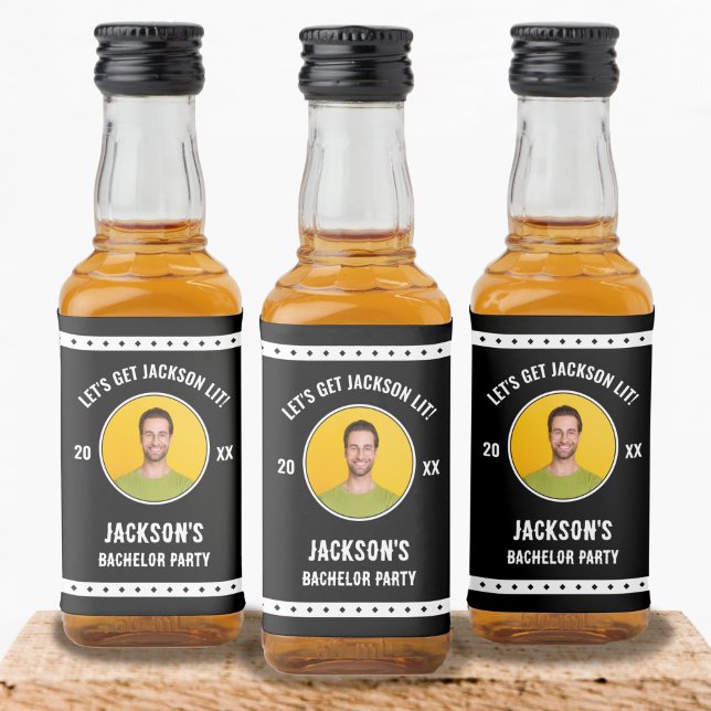Étiquettes Pour Bouteilles De Liqueur Fête de baccalauréat avec photo (Let's Get Lit Photo Bachelor Party Mini Liquor Bottle Label)