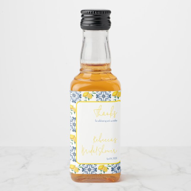 Étiquettes Pour Bouteilles De Liqueur Fête des mariées carrelée bleu blanc citron (Devant)