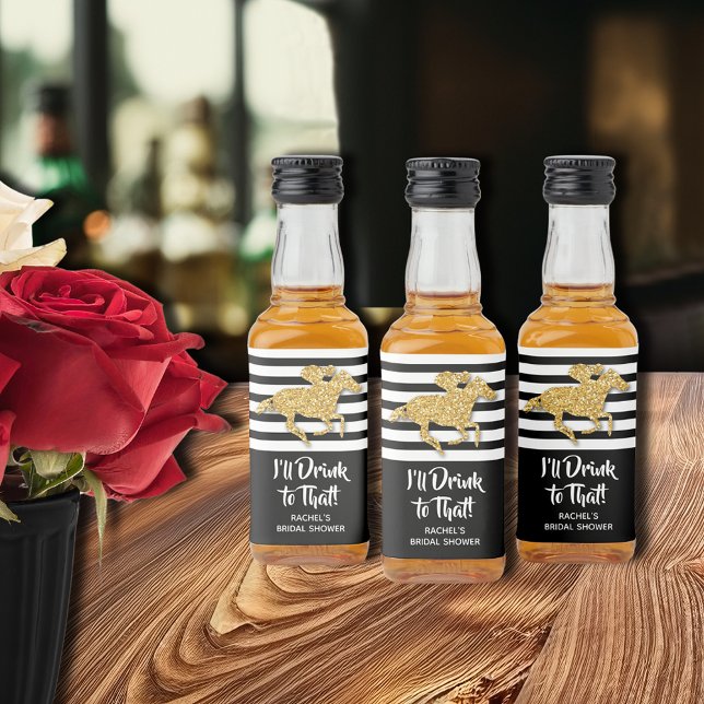 Étiquettes Pour Bouteilles De Liqueur Fête des mariées de hippocampe d'or Mini (Gold racehorse Derby-themed bridal shower mini liquor bottle personalized labels)