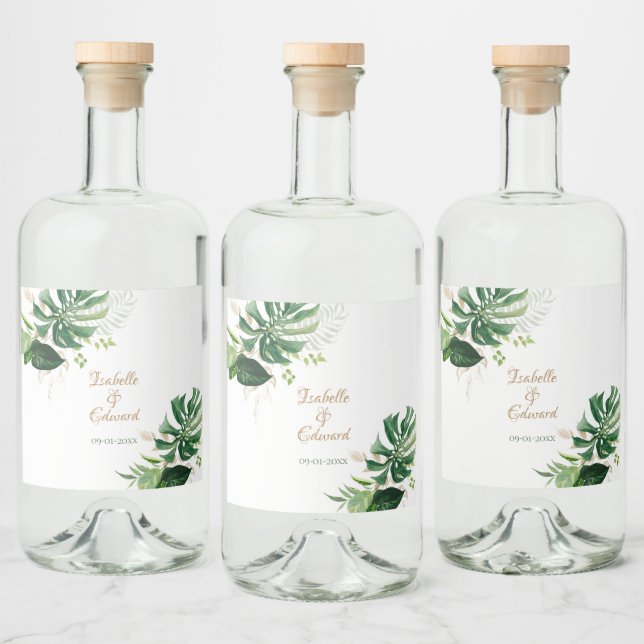 Étiquettes Pour Bouteilles De Liqueur Feuilles Tropical Green & Gold Monstera (Bouteilles)