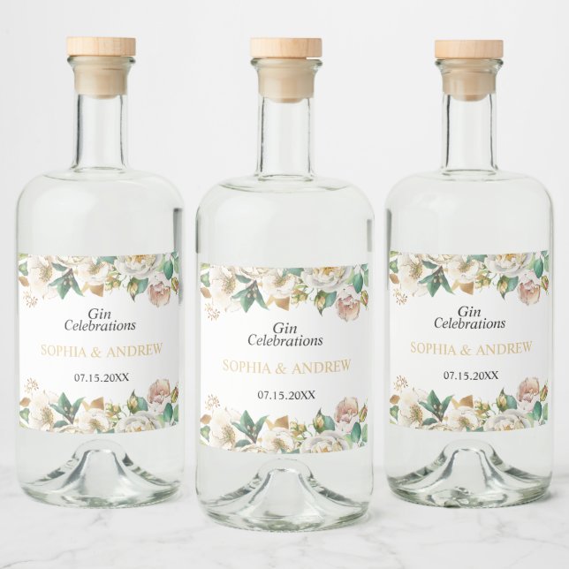 Étiquettes Pour Bouteilles De Liqueur Fleurs blanches et bois Mariage vert (Bouteilles)