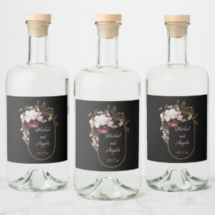 Étiquettes Pour Bouteilles De Liqueur Flores de Bourgogne et rose pâle sur le noir