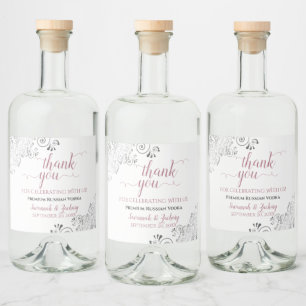 Étiquettes Pour Bouteilles De Liqueur Frilly Rose gris argent et Merci Mariage blanc