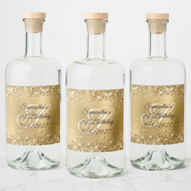 Étiquettes Pour Bouteilles De Liqueur Glittery Gold Glam Monogramme 21e anniversaire (Bouteilles)