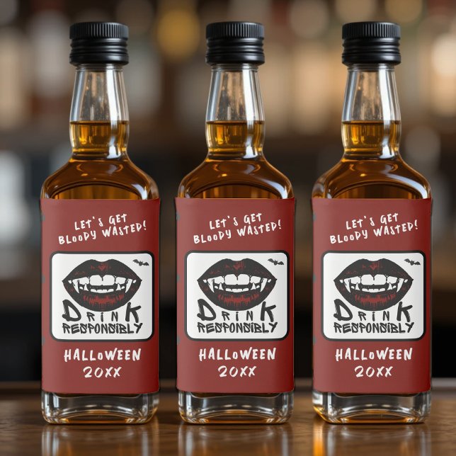 Étiquettes Pour Bouteilles De Liqueur Halloween Lèvres Rouges Vampire Fangs Boire de man (Halloween Red Lips Vampire Fangs Drink Responsibly Liquor Bottle Label
)