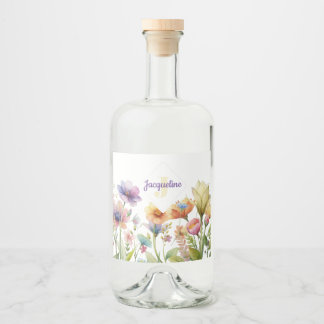 Étiquettes Pour Bouteilles De Liqueur Illustration de fleur sauvage colorée monogramme