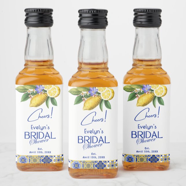 Étiquettes Pour Bouteilles De Liqueur Italian Mosaic Blue Tile & Lemons Bridal Shower (Bouteilles)