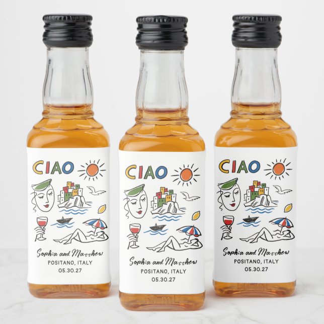 Étiquettes Pour Bouteilles De Liqueur Italian Wedding Whimsical Hand Drawn Amalfi Coast  (Bouteilles)