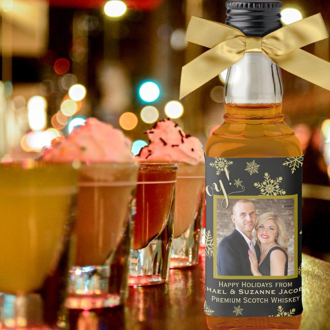 Étiquettes Pour Bouteilles De Liqueur Joie ! Fun Golden Snowflakes avec Photo Holiday Mi (In Situ with Bow)