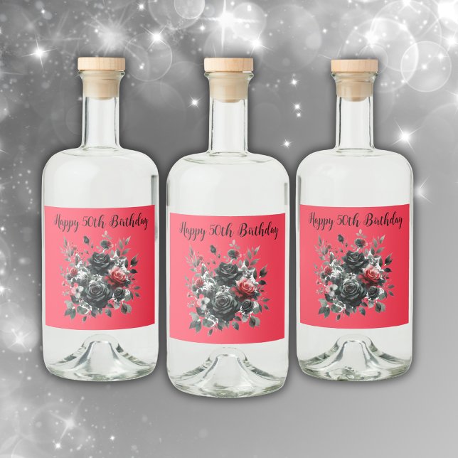 Étiquettes Pour Bouteilles De Liqueur Joyeux 50e anniversaire Roses rouge et noir | (Créateur téléchargé)