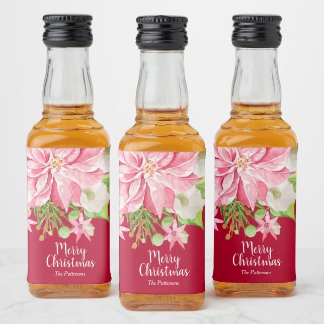Étiquettes Pour Bouteilles De Liqueur Joyeux Noël Floral Poinsettia Vacances Mini (Bouteilles)