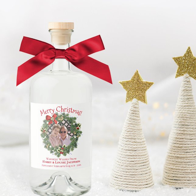 Étiquettes Pour Bouteilles De Liqueur Joyeux Noël Wreath Photo Frame Fun Holiday (In Situ with Bow & Decor)