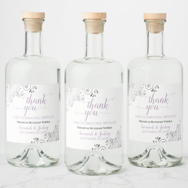 Étiquettes Pour Bouteilles De Liqueur Lavande d'argent frileuse et Merci Mariage blanc (Bouteilles)