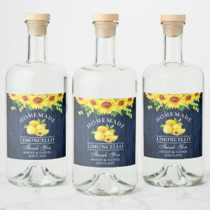 Étiquettes Pour Bouteilles De Liqueur Limoncello Aquarelle Fleurs de soleil Bleu Bois