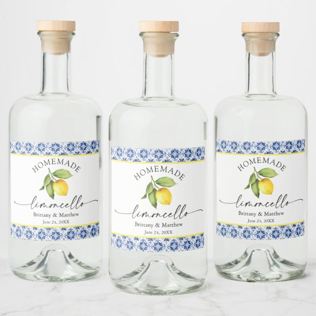Étiquettes Pour Bouteilles De Liqueur Limoncello Calligraphie Carrelage bleu Aquarelle C (Bouteilles)