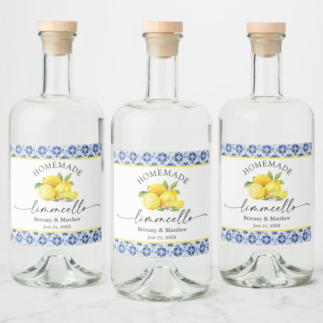 Étiquettes Pour Bouteilles De Liqueur Limoncello Calligraphie Carrelage bleu Aquarelle C (Bouteilles)