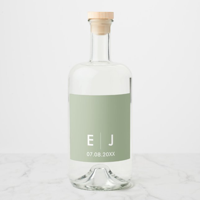 Étiquettes Pour Bouteilles De Liqueur Mariage de monogramme vert et blanc Sage (Devant)