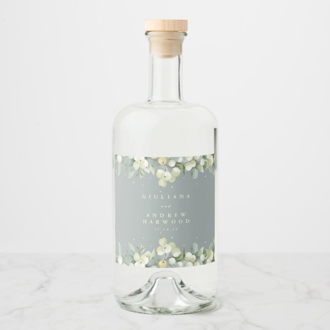 Étiquettes Pour Bouteilles De Liqueur Mariage d'hiver Seafoam Green Snowberry+Eucalyptus (Devant)